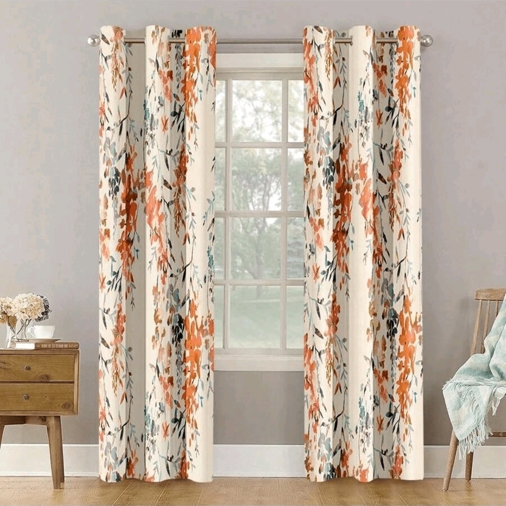 SHEIN Cream Curtains with Orange and Teal Floral Print